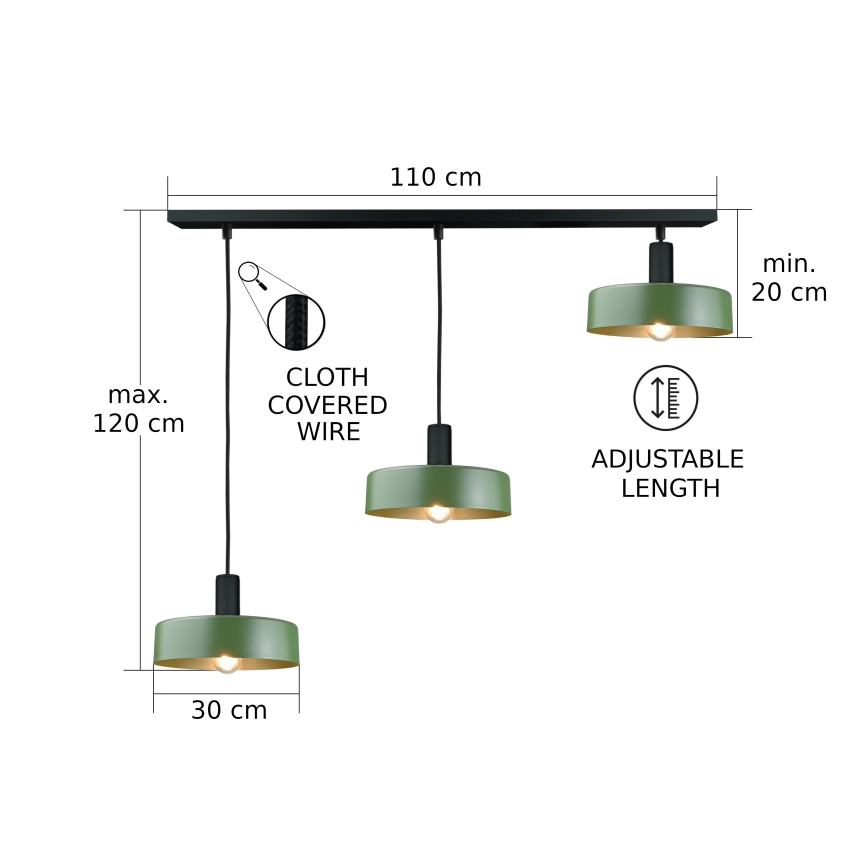 Lestenec na vrvici HAKI 3xE27/60W/230V zelena/črna