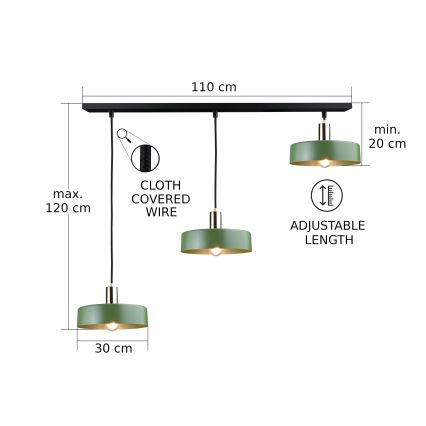 Lestenec na vrvici HAKI 3xE27/60W/230V zelena/črna/sijajni krom