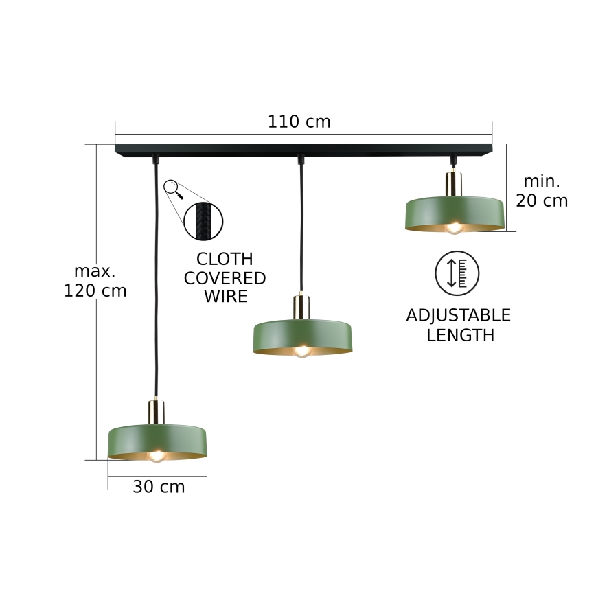 Lestenec na vrvici HAKI 3xE27/60W/230V zelena/črna/sijajni krom