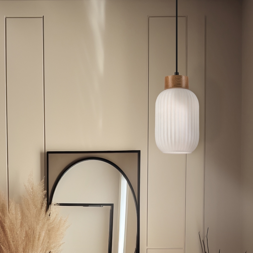 Lestenec na vrvici HARMONY 1xE27/15W/230V pr. 14 cm bela/hrast