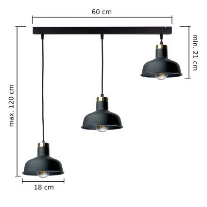Lestenec na vrvici HEBE 3xE27/60W/230V črna