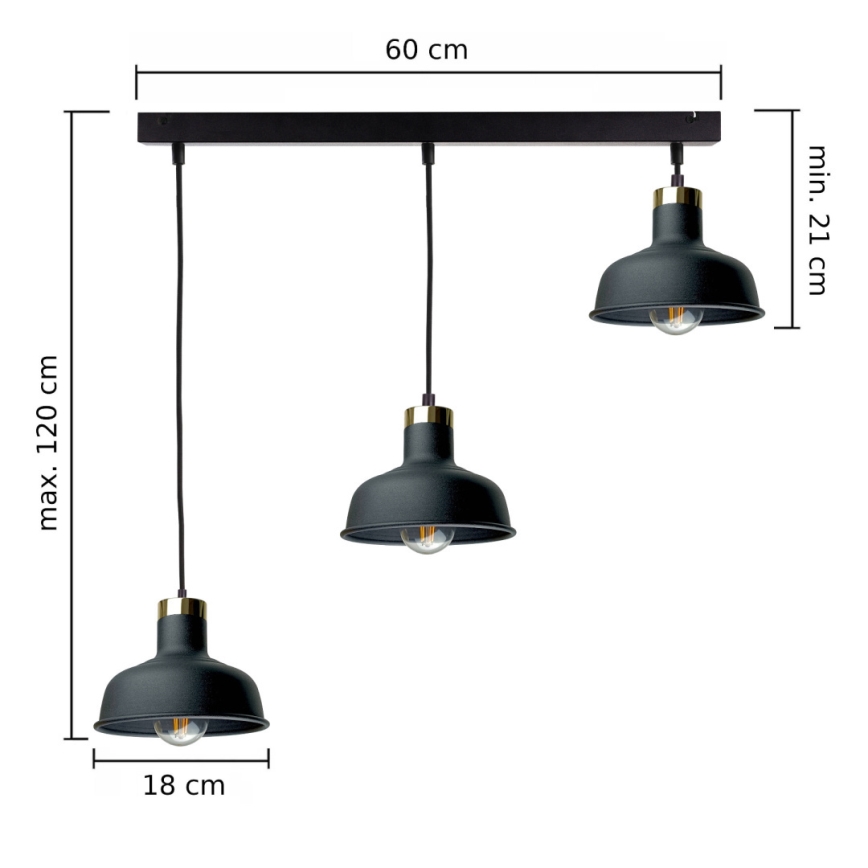 Lestenec na vrvici HEBE 3xE27/60W/230V črna
