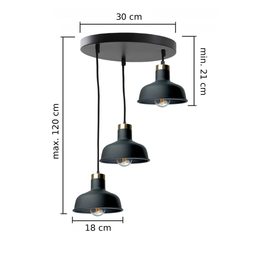 Lestenec na vrvici HEBE 3xE27/60W/230V črna