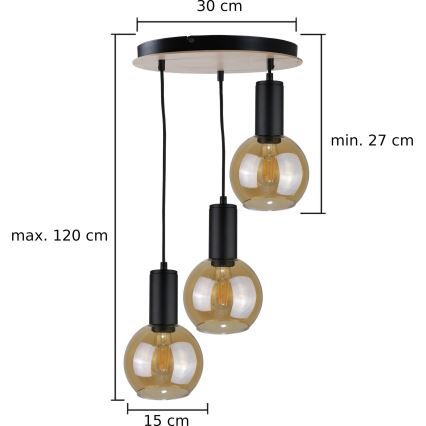 Lestenec na vrvici JANTAR WOOD 3xE27/60W/230V premer 30 cm