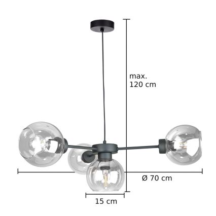 Lestenec na vrvici KALIOPE 4xE27/60W/230V črna/prozorna