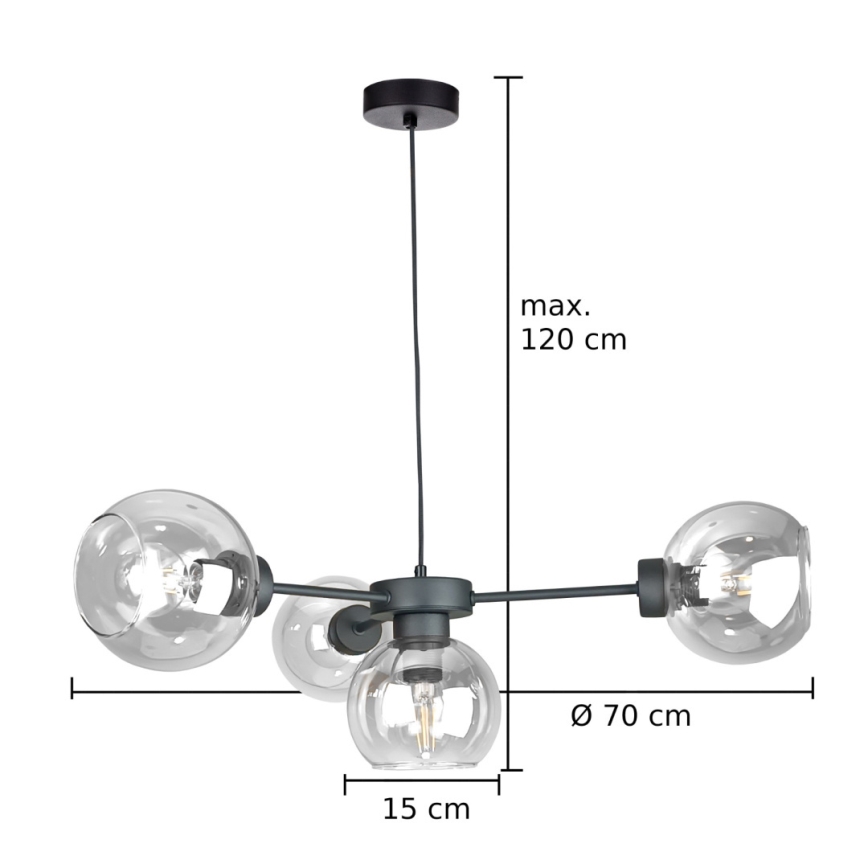 Lestenec na vrvici KALIOPE 4xE27/60W/230V črna/prozorna