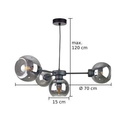 Lestenec na vrvici KALIOPE 6xE27/60W/230V črna/dimna črna