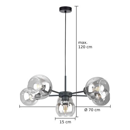 Lestenec na vrvici KALIOPE 6xE27/60W/230V črna/prozorna
