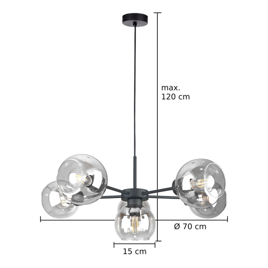 Lestenec na vrvici KALIOPE 6xE27/60W/230V črna/prozorna
