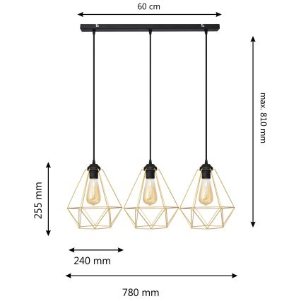 Lestenec na vrvici KARO 3xE27/15W/230V zlata/črna