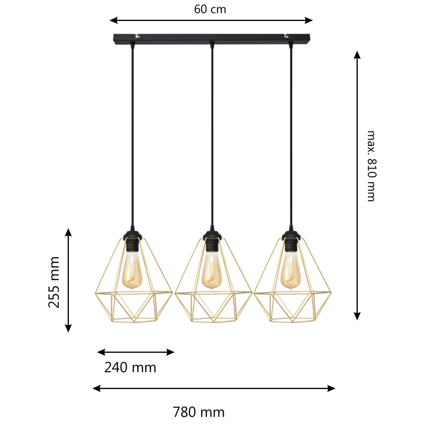 Lestenec na vrvici KARO 3xE27/15W/230V zlata/črna