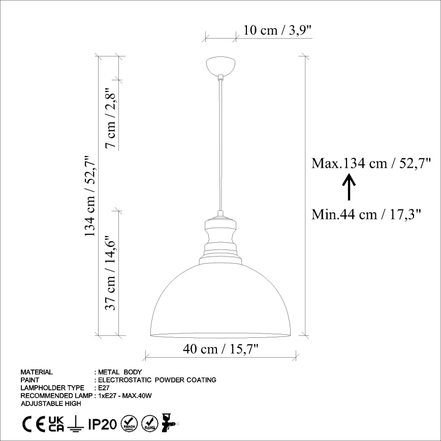 Lestenec na vrvici KURE 1xE27/40W/230V pr. 40 cm siva