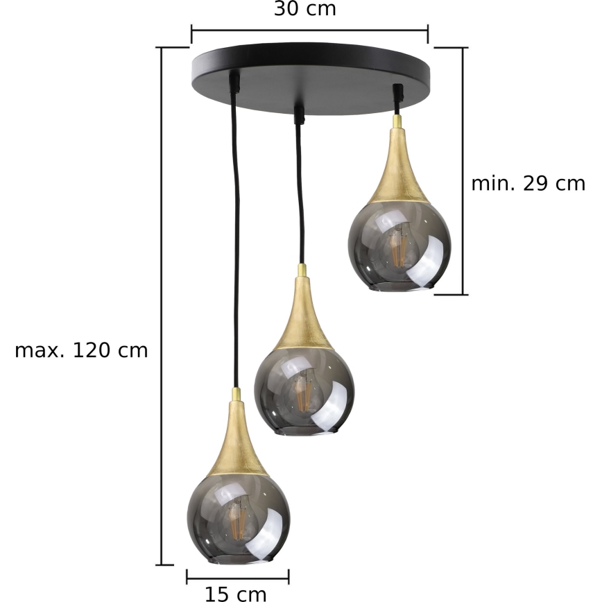 Lestenec na vrvici LACRIMA SMOKY 3xE27/60W/230V premer 30 cm