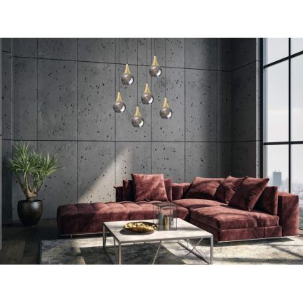 Lestenec na vrvici LACRIMA SMOKY 6xE27/60W/230V črna/zlata/dimna črna