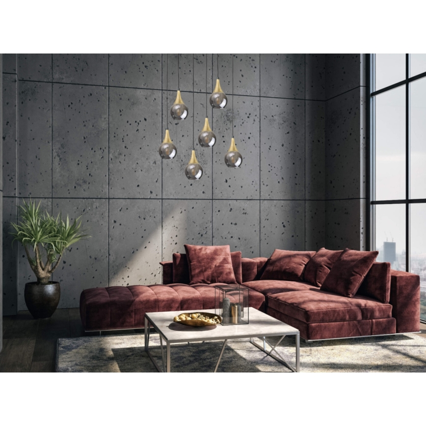 Lestenec na vrvici LACRIMA SMOKY 6xE27/60W/230V črna/zlata/dimna črna