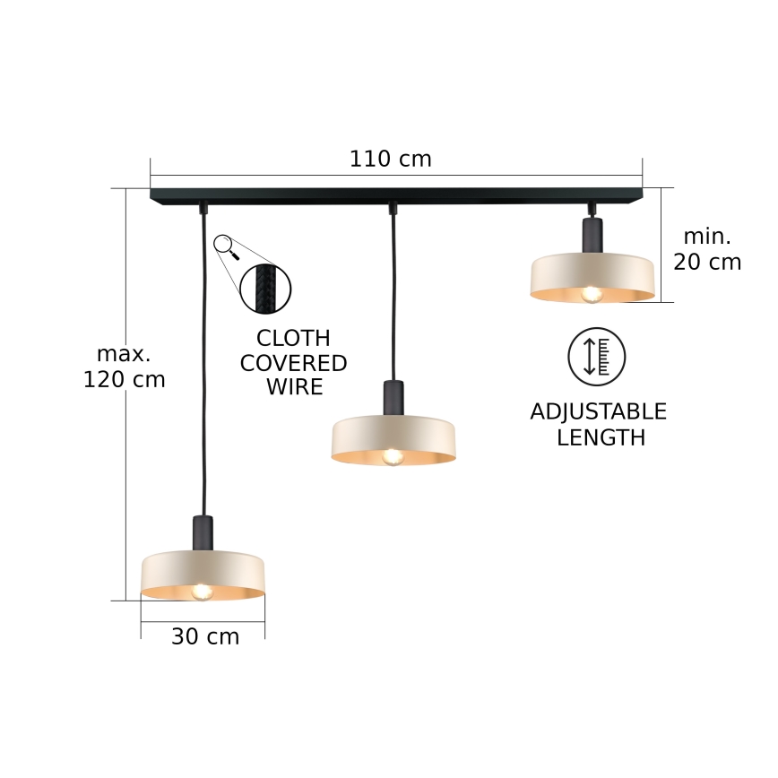 Lestenec na vrvici LATTE 3xE27/60W/230V bež/črna