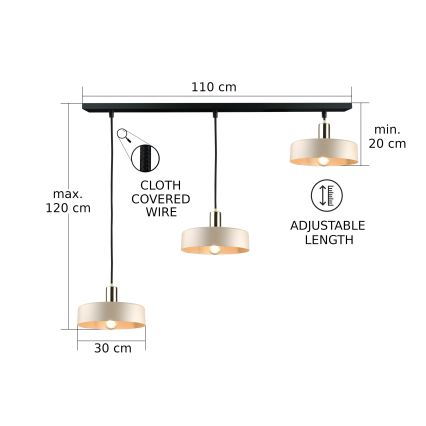 Lestenec na vrvici LATTE 3xE27/60W/230V bež/črna/sijajni krom