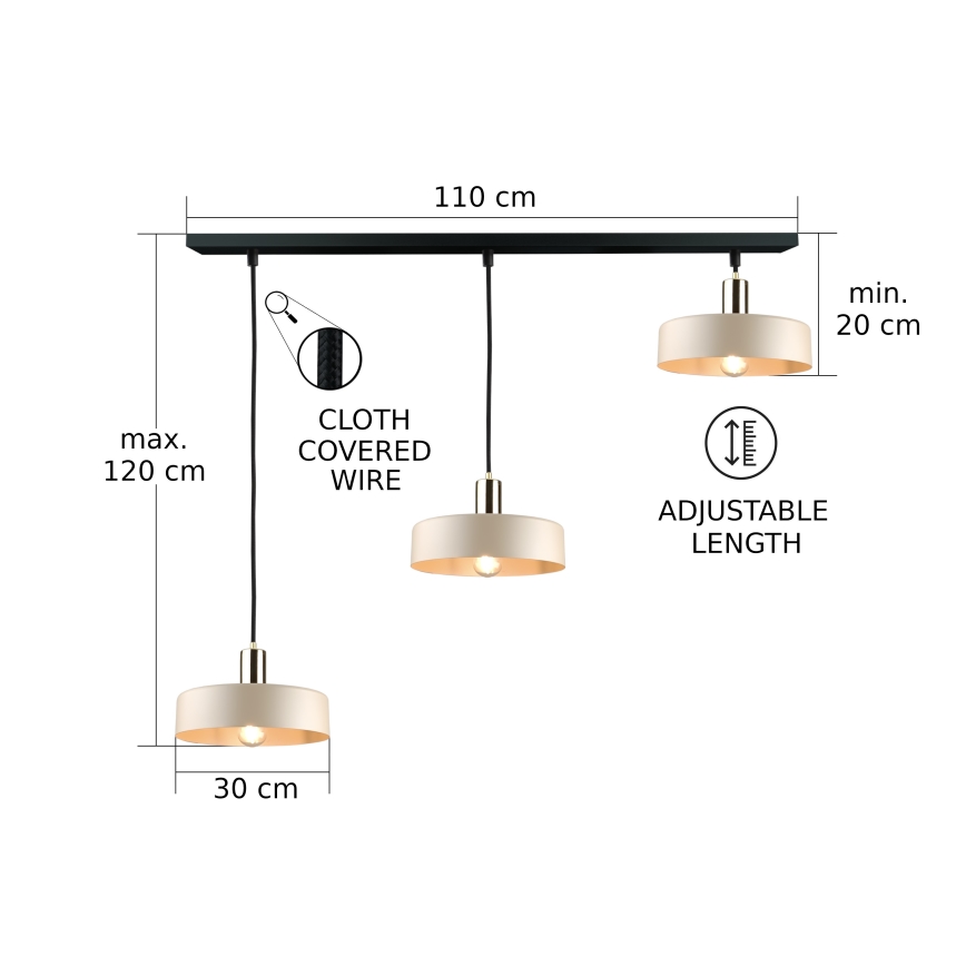 Lestenec na vrvici LATTE 3xE27/60W/230V bež/črna/sijajni krom