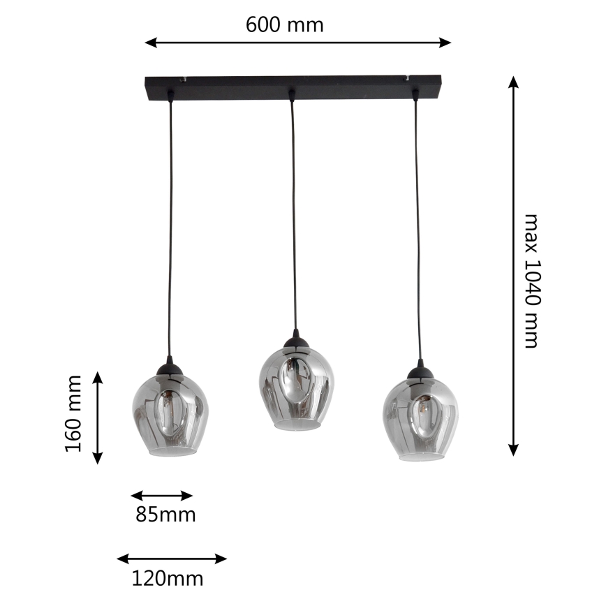 Lestenec na vrvici LILI 3xE27/15W/230V črna/siva