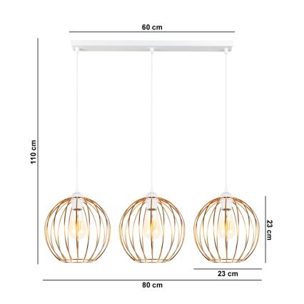 Lestenec na vrvici MATT 3xE27/60W/230V bela/bakreno