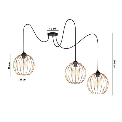 Lestenec na vrvici MATT 3xE27/60W/230V spider črna/baker