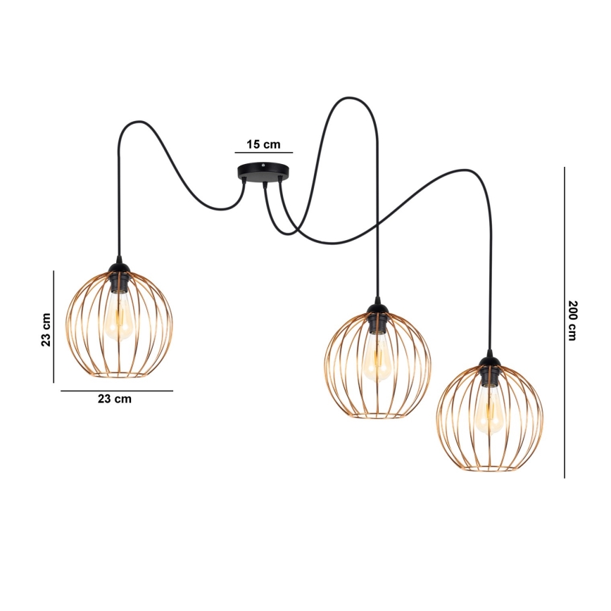 Lestenec na vrvici MATT 3xE27/60W/230V spider črna/baker