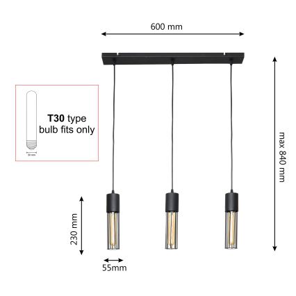 Lestenec na vrvici MELODY 3xE27/15W/230V črna