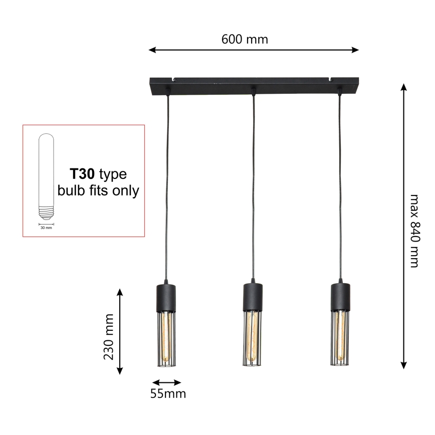 Lestenec na vrvici MELODY 3xE27/15W/230V črna