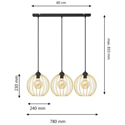 Lestenec na vrvici MERCURE 3xE27/15W/230V zlata/črna