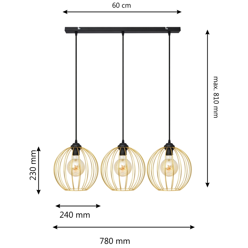 Lestenec na vrvici MERCURE 3xE27/15W/230V zlata/črna