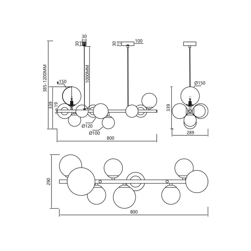 Lestenec na vrvici MILA 10xG9/9W/230V črna/siva