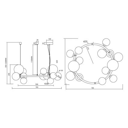 Lestenec na vrvici MILA 14xG9/9W/230V črna/siva