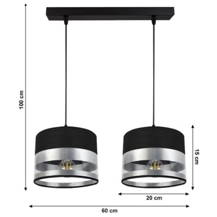 Lestenec na vrvici MILO 2xE27/60W/230V srebrn/črn