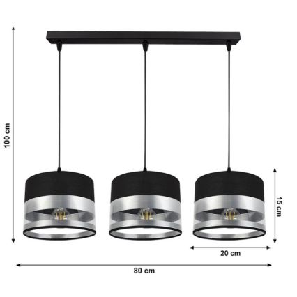 Lestenec na vrvici MILO 3xE27/60W/230V srebrn/črn