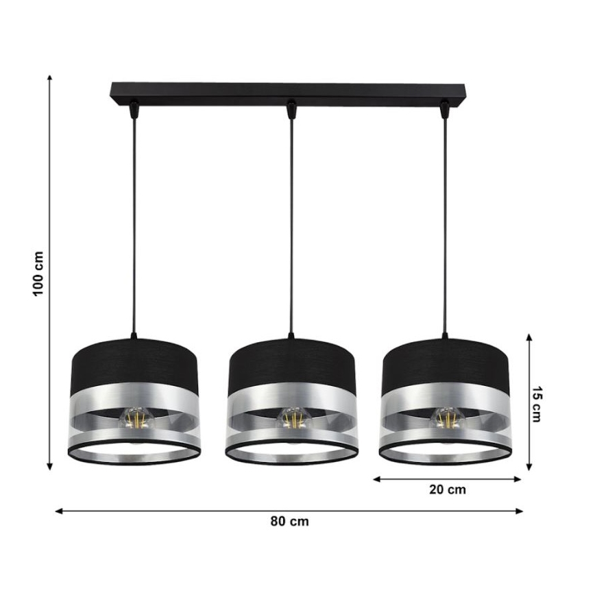 Lestenec na vrvici MILO 3xE27/60W/230V srebrn/črn