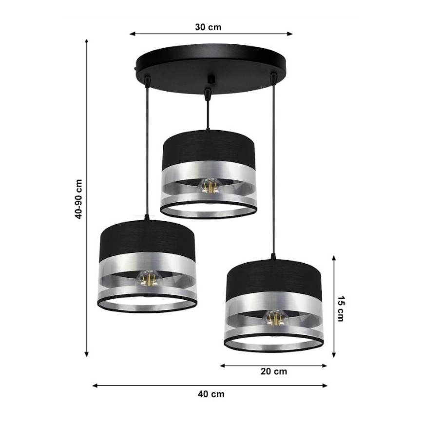 Lestenec na vrvici MILO 3xE27/60W/230V srebrn/črn
