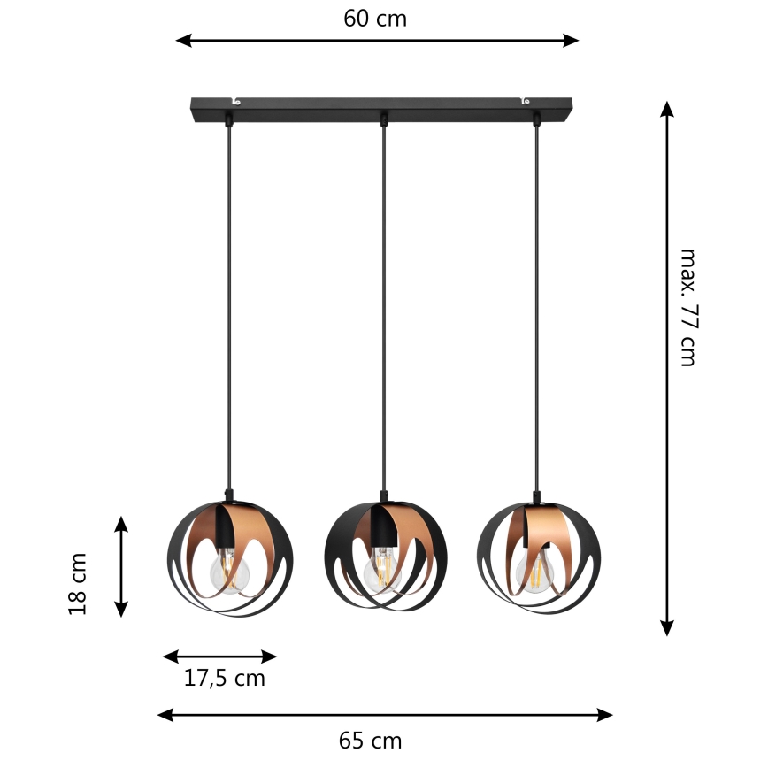 Lestenec na vrvici MOONLIGHT 3xE27/15W/230V črna/baker