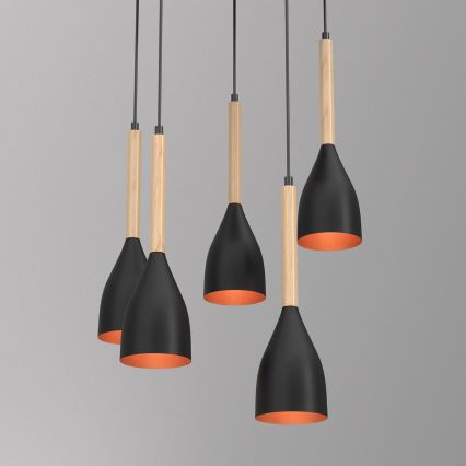 Lestenec na vrvici MUZA 5xE27/15W/230V črna/bež/baker/bukev