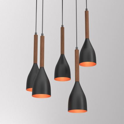 Lestenec na vrvici MUZA 5xE27/15W/230V črna/rjava/baker/bukev