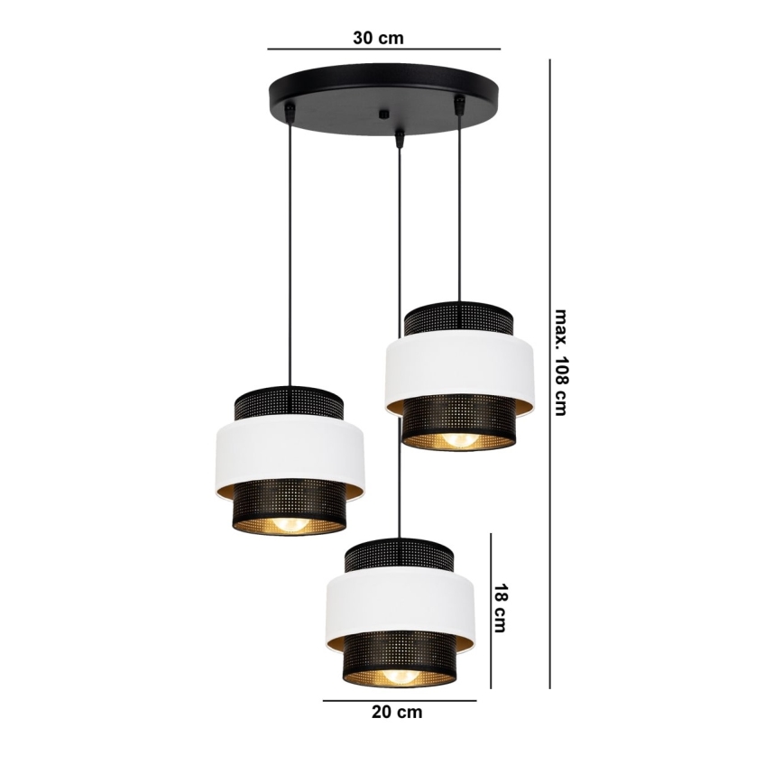 Lestenec na vrvici NESS 3xE27/60W/230V premer 45 cm črna/bela