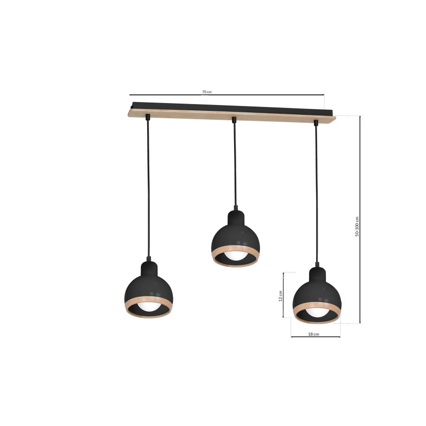 Lestenec na vrvici OVAL 3xE27/60W/230V črn