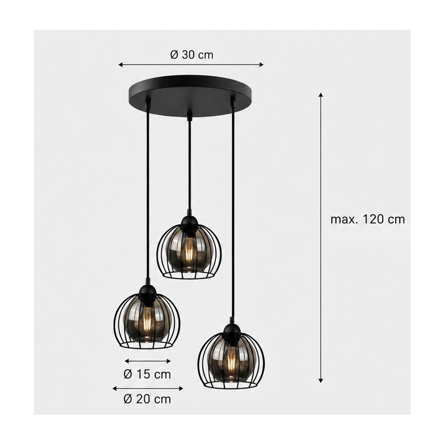 Lestenec na vrvici SOLO BLACK 3xE27/60W/230V d. 30 cm