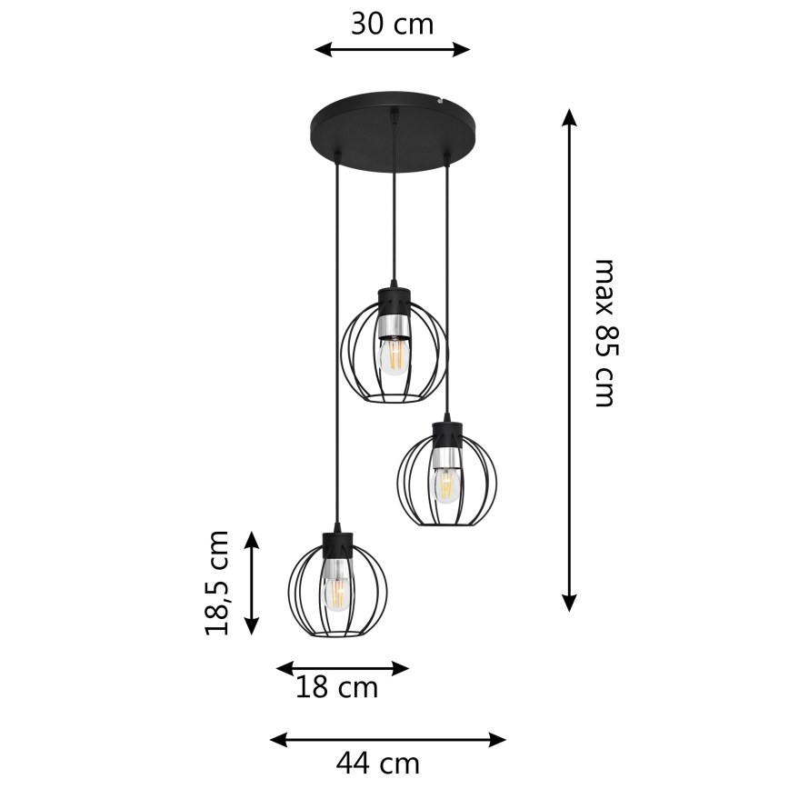 Lestenec na vrvici STARLIGHT 3xE27/15W/230V črna/srebrna