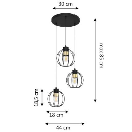 Lestenec na vrvici STARLIGHT 3xE27/15W/230V črna/zlata