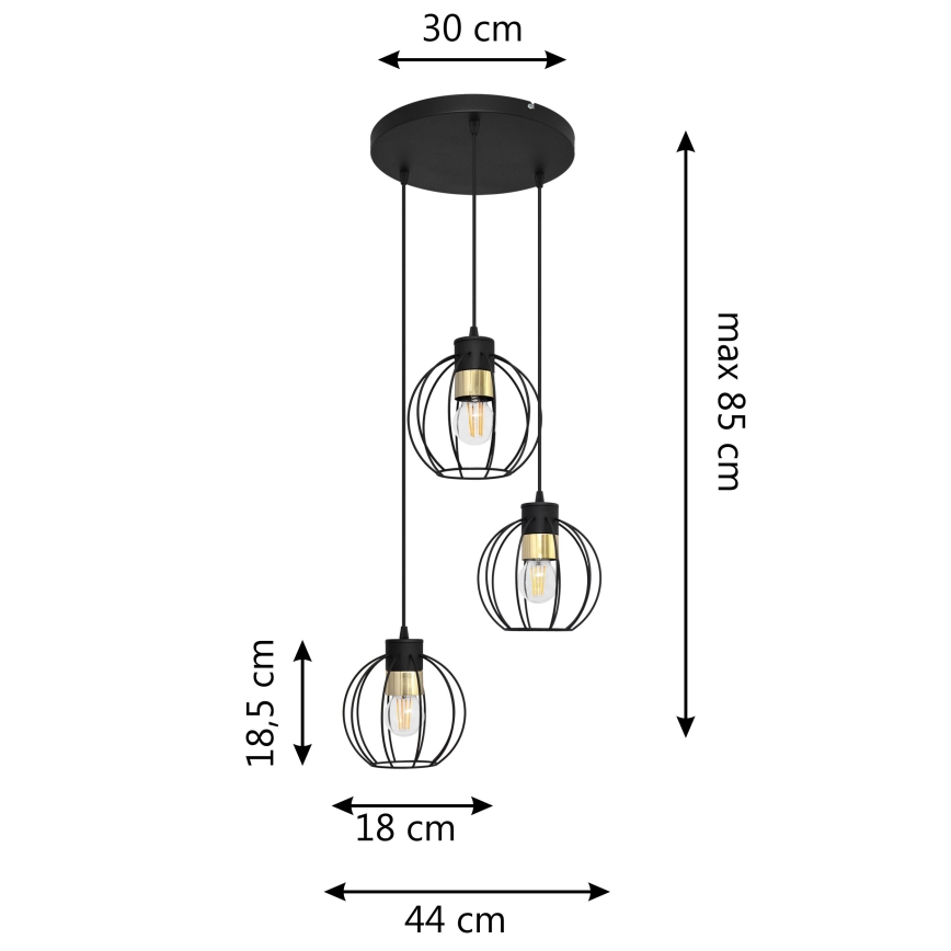 Lestenec na vrvici STARLIGHT 3xE27/15W/230V črna/zlata