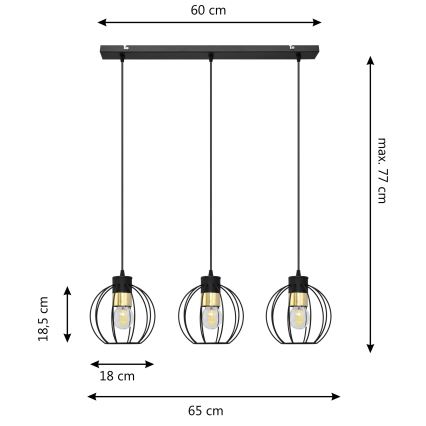 Lestenec na vrvici STARLIGHT 3xE27/15W/230V črna/zlata