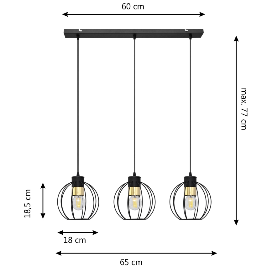 Lestenec na vrvici STARLIGHT 3xE27/15W/230V črna/zlata