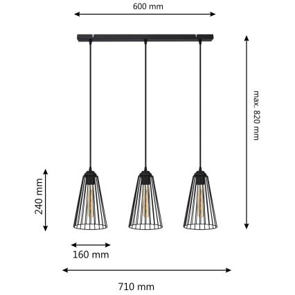 Lestenec na vrvici TORRI 3xE27/15W/230V črna