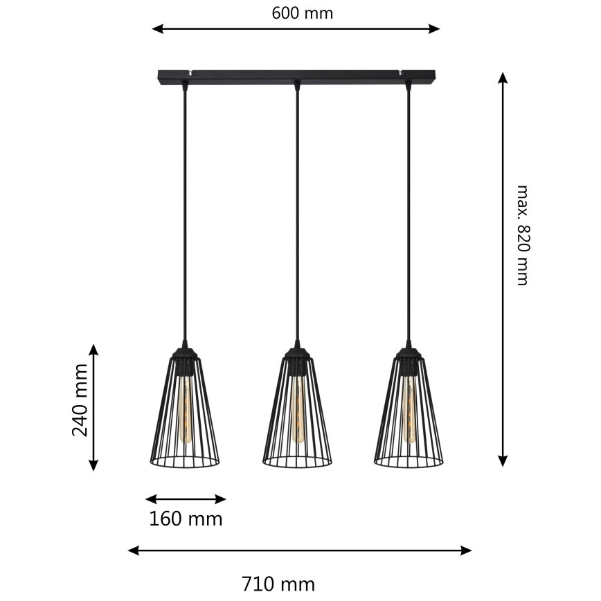 Lestenec na vrvici TORRI 3xE27/15W/230V črna