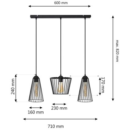 Lestenec na vrvici TORRI 3xE27/15W/230V črna